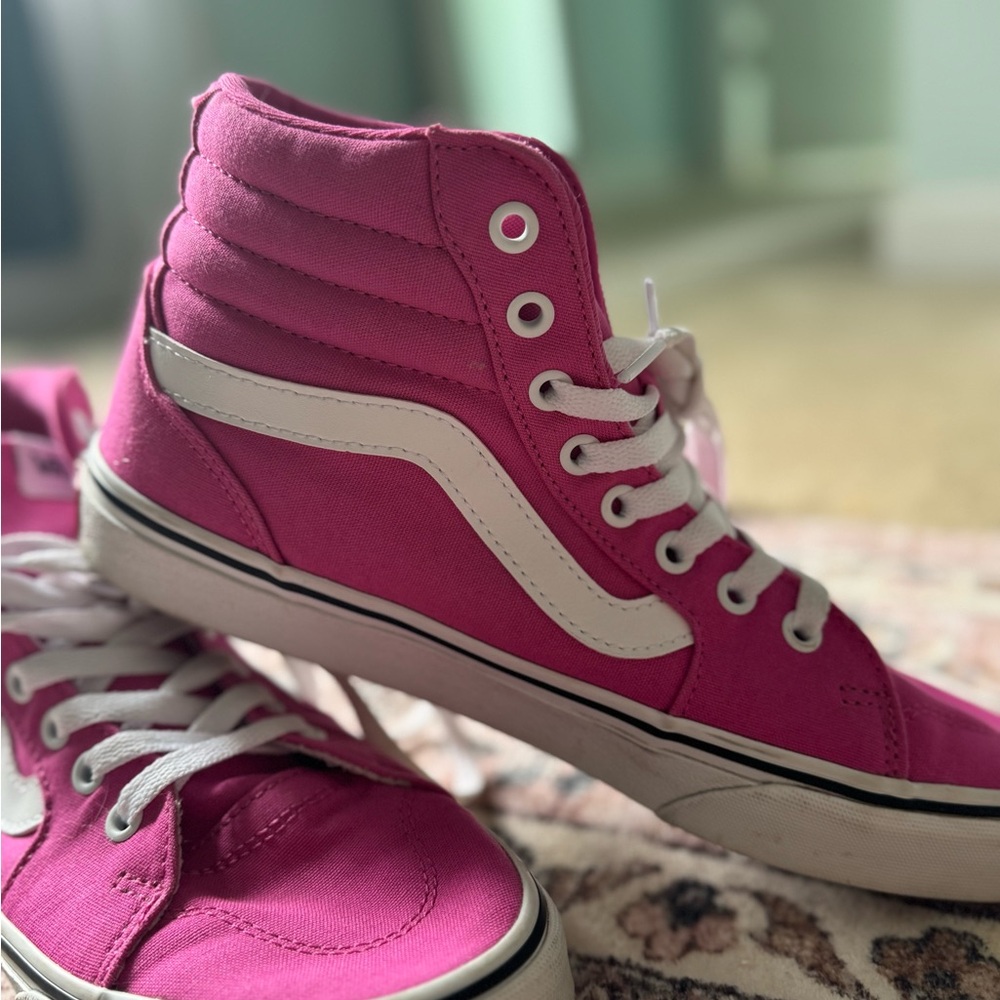 Vans Pink and White High-Top Skate Sneakers